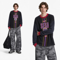 T-shirt à manches longues en tricot contrasté pour homme, style streetwear hip-hop, 300 grammes, imprimé graphique rétro, col rond