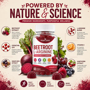Gummies en gros certifiées GMPC ISO, véganes, sans OGM, saveur baies, oxyde nitrique, circulation, betterave, L-arginine monohydrate - Product Image 1