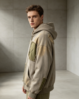 Sweat à capuche zippé intégral épais, délavé vintage, effet usé, patchwork, effet soleil éclairé, style Wasteland Street Jacket, pour les amateurs de vintage et le quotidien