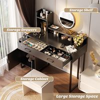 Bureau de maquillage moderne en bois noir avec prise électrique intégrée, table de toilette durable avec tiroirs, armoires et étagères ouvertes, compact pour salon