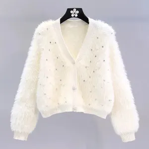 Mùa Thu Và Mùa Đông Thanh Lịch Outwear Cardigan Đính Cườm Chất Lượng Cao Dệt Kim Áo Len Mới Lỏng Ngắn V Cổ Dệt Kim Cardigan Đối Với Phụ Nữ