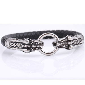 Double Head Dragon <b>Leather</b> <b>Bracelet</b> 8mm Stainless Steel Animal Pattern Fashion Jewelry Gift - Product Image 4