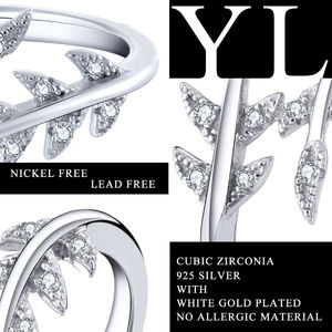 Anillo Clásico para Dama YILUN OEM ODM con Hoja, Diamantes CZ, Baño <span class=keywords><strong>de</strong></span> Rodio, Plata S925 Original, Anillo Abierto, Venta al Por Mayor - Product Image 3