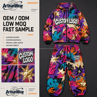 Ensemble deux pièces pour homme personnalisé avec haut à manches longues à fermeture éclair et pantalon décontracté à cordon de serrage, imprimé abstrait multicolore, OEM ODM