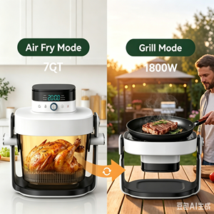 หม้อทอดไร้น้ำมันแบบไฮบริด 2 in 1 ขนาด 7QT พร้อมถ้วยแก้วใส หม้ออบทอดไร้น้ำมันพร้อมระบบควบคุมดิจิตอลและโหมดย่าง รับผลิตแบบ OEM - Product Image 2