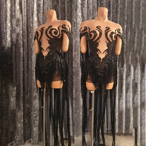 Vestido de Baile Sexy con Capa de Malla Transparente con Patrón de Pavo Real Negro y Borlas Largas para Grupo de Chicas, Ropa de Baile para Escenario, Drag Queen - Product Image 5