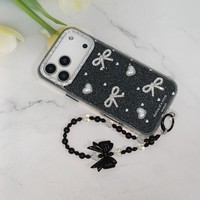 Coque de téléphone scintillante 3D avec strass, nœud et perles en forme de cœur pour iPhone 11 12 13 14 15 16 17 Pro Max, avec dragonne perlée mignonne pour filles
