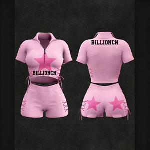 Camiseta de punto de algodón con cremallera 1/4 para mujer, estilo hip hop, sexy, con estampado liso, y shorts de descanso por encima de la rodilla, de moda de diseñador para verano. - Product Image 1