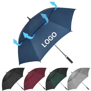 최고의 우산 도매 사용자 정의 로고 큰 더블 캐노피 환기 방풍 우산 자동 오픈 스트레이트 골프 우산 로고