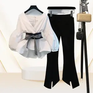 Women Korean Summer Office 2 Piece Set V-neck Lantern Sleeve Bow Striped Blouse Shirt + Split Pencil Flare Pant SET