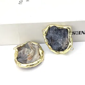 gold plated natural irregular gemstone druzy agate geode drusy double loops charms pendant connector necklace jewelry supplies