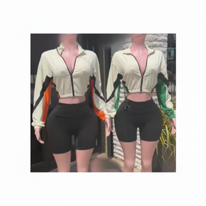 Viviblook ชุดวอร์มกีฬาลำลองของผู้หญิง, ชุดวอร์มสองชิ้นกางเกงขาสั้นแขนยาวสีเย็บปะติดซิปหน้ามี Z424ST01 - Product Image 1