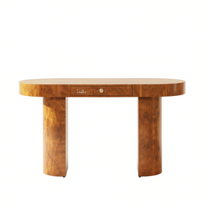 Oval Computer <b>Desk</b> Warm Natural Brown Burl <b>Wood</b> Single <b>Drawer</b> Contemporary Office Furniture Home Or Office Use - Product Image 1