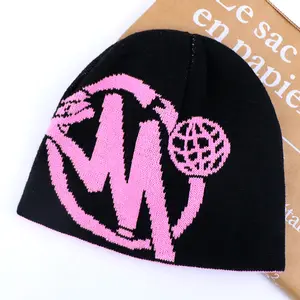 Topi beanie jacquard wanita, beanie akrilik tanpa manset polos hitam merah muda reversibel kustom ringan