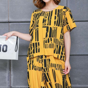 Women's Summer Casual Two Piece Set Loose T Shirt Cropped Harem Pants Artistic Print Plus Size Yellow Green Polyester - Product Image 4