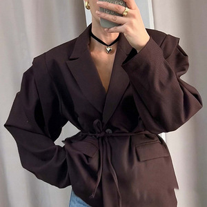<span class=keywords><strong>Blazer</strong></span> Oversize con Solapa para Mujer, Cintura Ajustable con Cordón, Prenda Exterior Casual Sólida para Otoño, Personalizable - Product Image 2