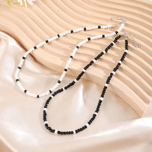 Korean Style Bohemian Seed Bead Necklace Women Rice <b>Pearls</b> Geometric Fashion <b>Choker</b> Black White Color Spring 2022 - Product Image 1