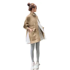 New contrast color hem stitching loose lapel multi-pocket small workwear windbreaker short coat for women