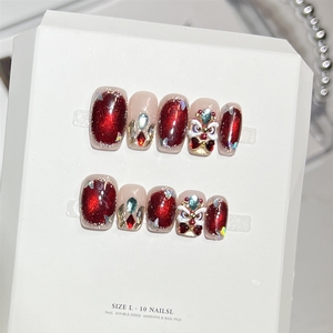<span class=keywords><strong>Uñas</strong></span> Postizas Acrílicas <span class=keywords><strong>Elegantes</strong></span> Rojas con Diseño de Ojo de Gato, Hechas a Mano, de Alta Calidad, Venta al Por Mayor - Product Image 1