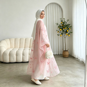 Eid Ramadan Pink Butterfly lace Embroidered Abaya <b>Set</b> Women Luxury Robe 2 Pieces <b>Modest</b> Dress Wholesale - Product Image 6