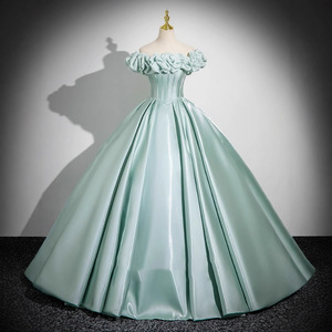 Off-the-Shoulder Satin Ball Gown Light Green Empire Waist Ruffles For Evening Events Adult Ceremonies Hosting Performances - Product Image 1