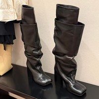 Nouvelles Arrivées Mode en Gros Hiver Bottes Hautes pour Femme Style Cowboy Vintage à Bout Carré, Talon Épais, Double Tige et Coupe Souple