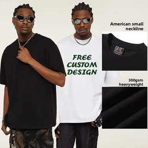 Camiseta de algodón puro de 300g con doble hilo, cuello pequeño, color liso, manga corta, estilo vintage, corte holgado, unisex, a la moda, transfronteriza. - Product Image 1