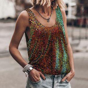 Women's Casual Summer Tank <strong>Top</strong> with U-Neck and <strong>Backless</strong> <strong>Sequin</strong> Design Versatile New Fashion Sleeveless <strong>Top</strong> with Front Logo - Product Image 2