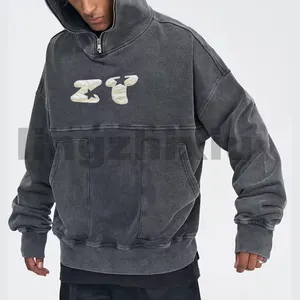 Zipper Men Pullover Hoodies Embroidered Patch Streetwear Unisex Cotton Hoodie High Quality Washed Thick Custom Vintage Hoodie