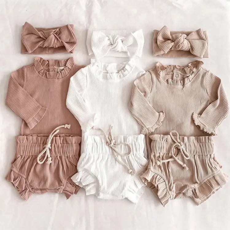 Conjunto de roupas infantis para bebês recém-nascidos 100% algodão orgânico, conjunto de roupas de verão com nervuras, macacão folha de lótus e calças, conjunto de blusa + calça para bebês