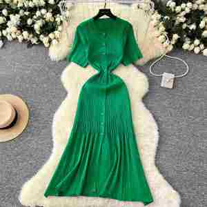 Vestido Maxi de Invierno 2024 con Cuello Redondo, Tejido a Crochet, Acrílico, para Mujer, Manga Corta, Estilo Imperio, con Encaje, Transpirable, Ecológico, Vintage - Product Image 2