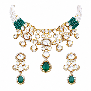 Stylish 925 <b>Silver</b> Necklace and Earrings Set with Green Drops and White Beads Elegant Indian Bridal Party Jewelry - Product Image 4