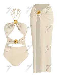 Сексуальный слитный купальник с высоким разрезом и пляжной юбкой-накидкой, комплект из 2 предметов, лето 2026, женский, однотонный, с украшением в виде ракушки, бикини, купальные костюмы - Product Image 4