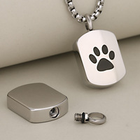 Urne commémorative carrée en acier inoxydable pour poils d'animaux, ouvrable par vis, avec empreinte de patte, pendentif commémoratif