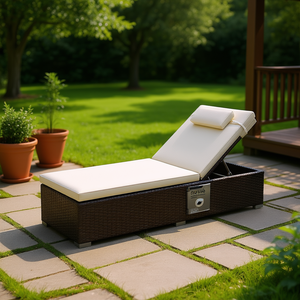 Chaise longue en rotin PE Off White avec dossier à 6 niveaux pour patio, jardin, meubles d'extérieur - Product Image 2