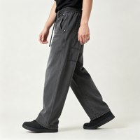 Jean à cordon de serrage pour homme, coupe ample et décontractée, en denim gris délavé, avec imprimé lettres et détails de couture, style streetwear urbain