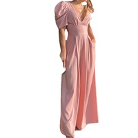 Combinaison décontractée et élégante pour femme à col en V profond, manches bouffantes, taille froncée avec lien à nouer et pantalon large