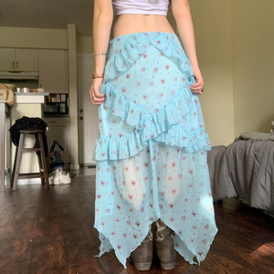 Y2K Vintage Blue Floral <b>Chiffon</b> <b>Skirt</b> Women Layered Ruffle Irregular Hem Lightweight Flowing <b>Midi</b> <b>Skirt</b> - Product Image 6