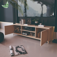 Meuble TV, meuble TV pour salon, meubles en bambou modernes, centre de divertissement à profil bas, console multimédia, ensemble de rangement