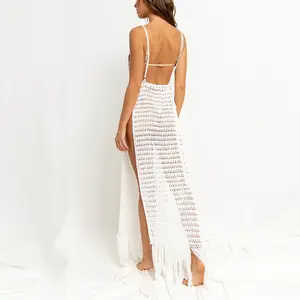 Summer Sexy Crochet Cover Up Women Knit Long Hollow Out Split Beach Dress