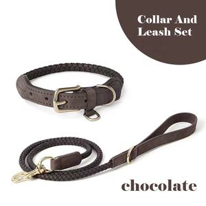 <span class=keywords><strong>Collar</strong></span> ajustable de lujo Premium para mascotas, correa para el cuello, <span class=keywords><strong>collar</strong></span> y correa para perro de cuero de vaca trenzado genuino con hebilla de Metal dorado - Product Image 2