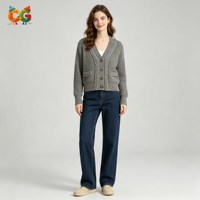 CG Damen Grobstrick V-Ausschnitt Cardigan mit Zopfmuster, Knopfleiste vorne, Kurze Strickjacke mit Taschen, Herbst-Winter-Strickwaren OEM ODM