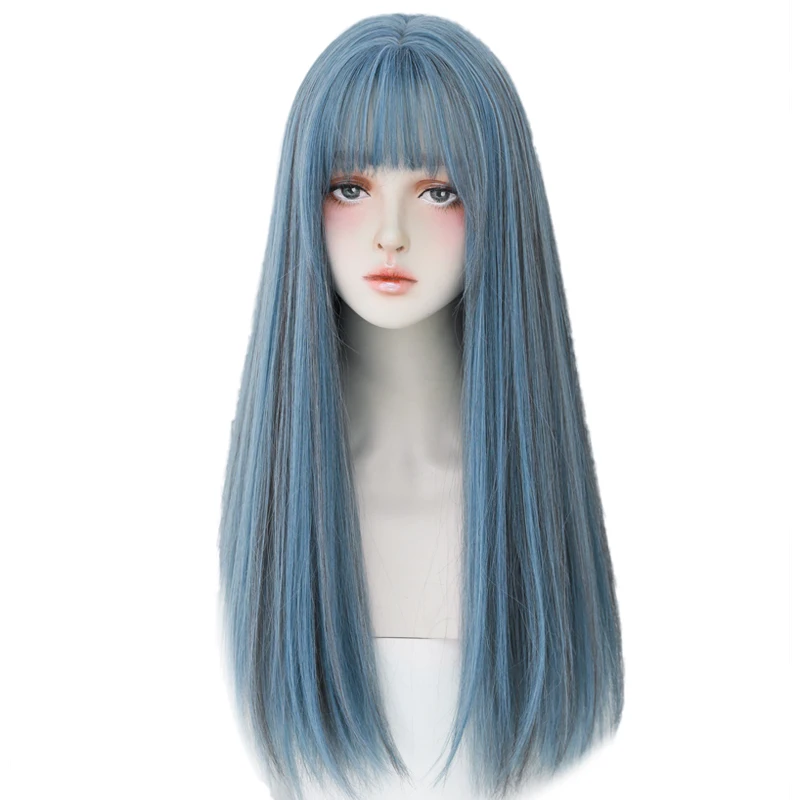 Blue Wig with Bangs - 24 Inch Long Straight Wig for Cosplay display picture 1