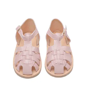 Babyhappy 2024 Summer Girl Kids Pink T-bar Princess Genuine Leather Sandals Hard Sole Beach Braided Woven Flat Sandal Shoes