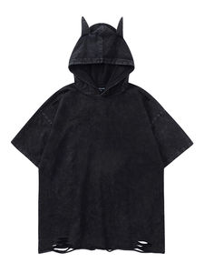 Camiseta con capucha de manga corta personalizada con lavado ácido de gran tamaño, ropa de calle, Jersey Vintage de algodón, borde crudo sin cuerdas - Product Image 2