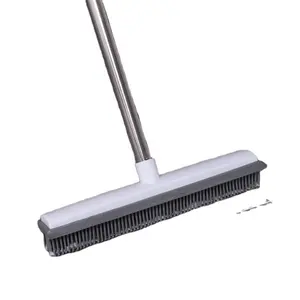 Rubber Broom Pet Hair Remover Broom with Squeegee Long Handle Push Broom for Carpet Hardwood Floor Tile Windows Cleaning