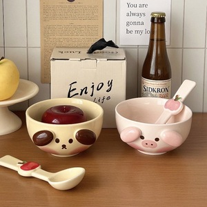 Set di stoviglie per bambini maialini simpatico cartone animato con crema cucciolo di riso in ceramica e <span class=keywords><strong>ciotola</strong></span> di Noodle con cucchiaio per insalata di Dessert - Product Image 6