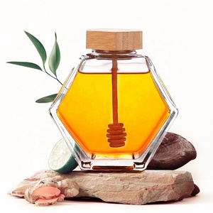 new design 100ml hexagonal honey borosilicate glass bottle kitchen storage glass honey jar with bamboo wooden lid