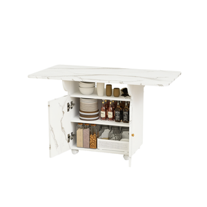 Modern <b>White</b> Marble <b>Folding</b> Dining <b>Table</b> with Wood Legs and 6-Wheel Storage Cabinet for Entryway Dining Room Furniture - Product Image 1