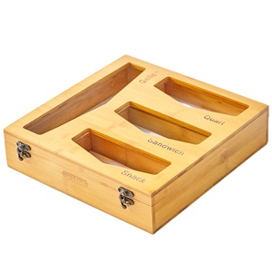 Bamboo Ziplock Bag Storage Organizer for Drawer, Laser Printing Food Sandwich Storage Bag Organizer Holder, Plastic Bag